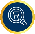 Icon with magnifying glass over pawn, gold border