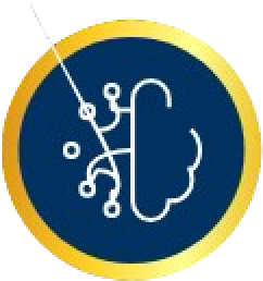 stylized brain with circuit lines on blue and yellow badge