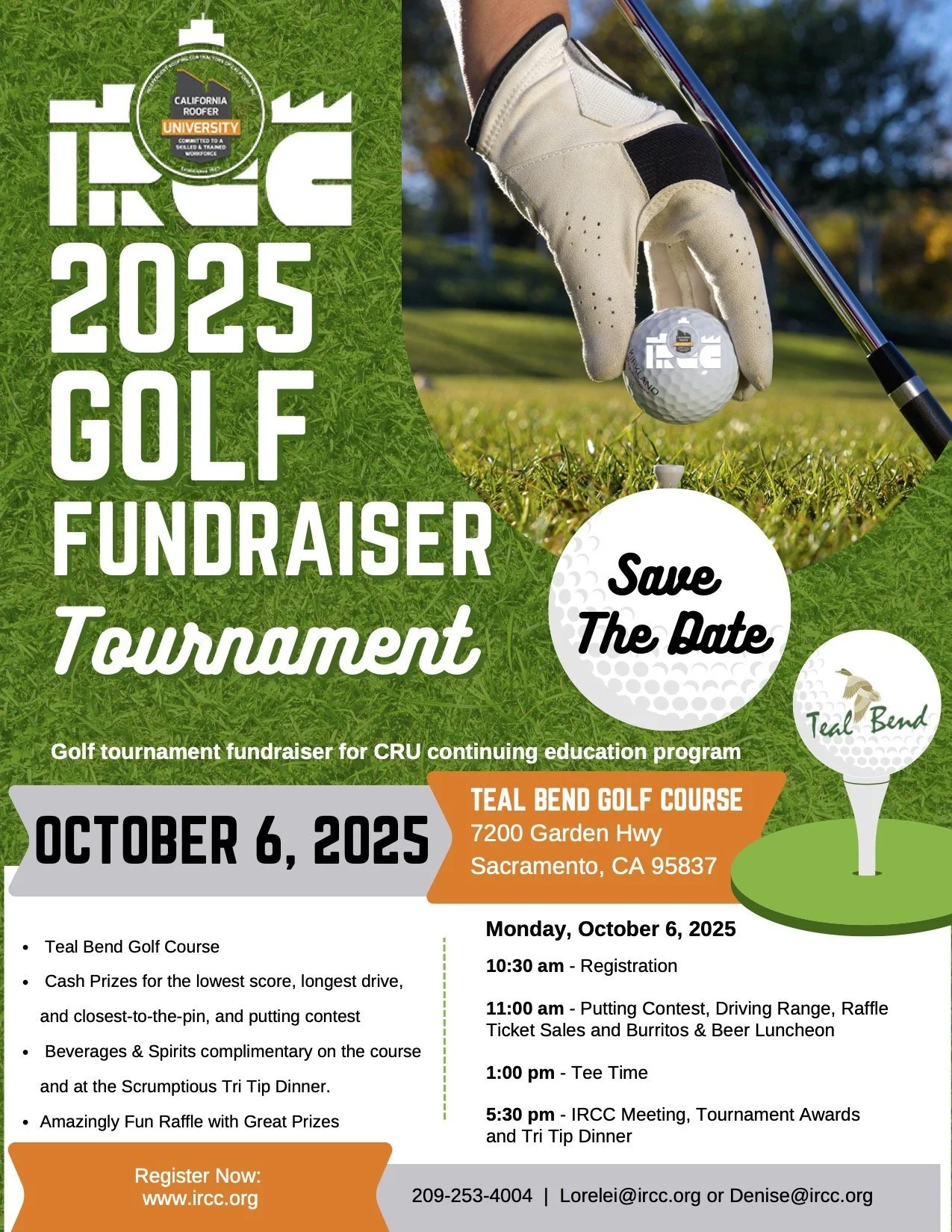 A flyer for the 2025 Golf Fundraiser Tournament at Teal Bend Golf Course in Sacramento, California, scheduled for October 6, 2025. The flyer features a golf ball, a hand wearing a golf glove, and a golf club. It contains event details, including registration time, contest and raffle information, and contact details.