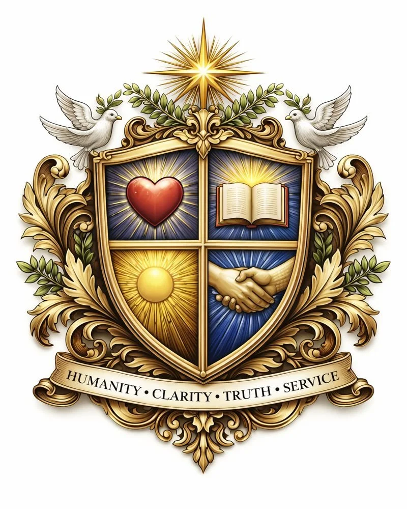 A detailed crest featuring a shield divided into four sections with a heart, the Bible, the sun, and handshake symbols. The crest is adorned with ornate gold and green decorations, two white doves, and a shining star at the top. A banner at the bottom reads "Humanity, Clarity, Truth, Service."