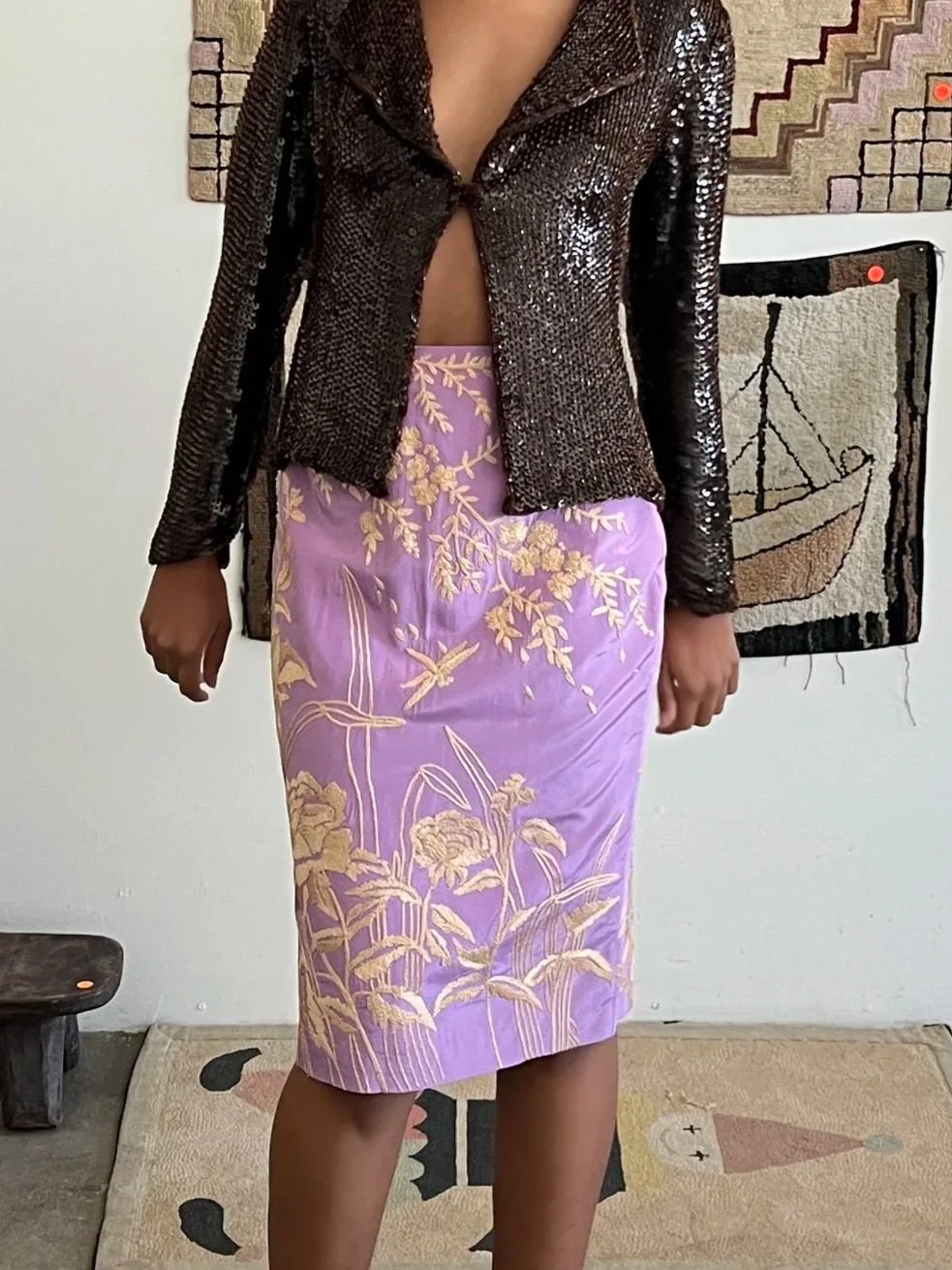 Vintage Lavender & Cream Silk Embroidered Skirt