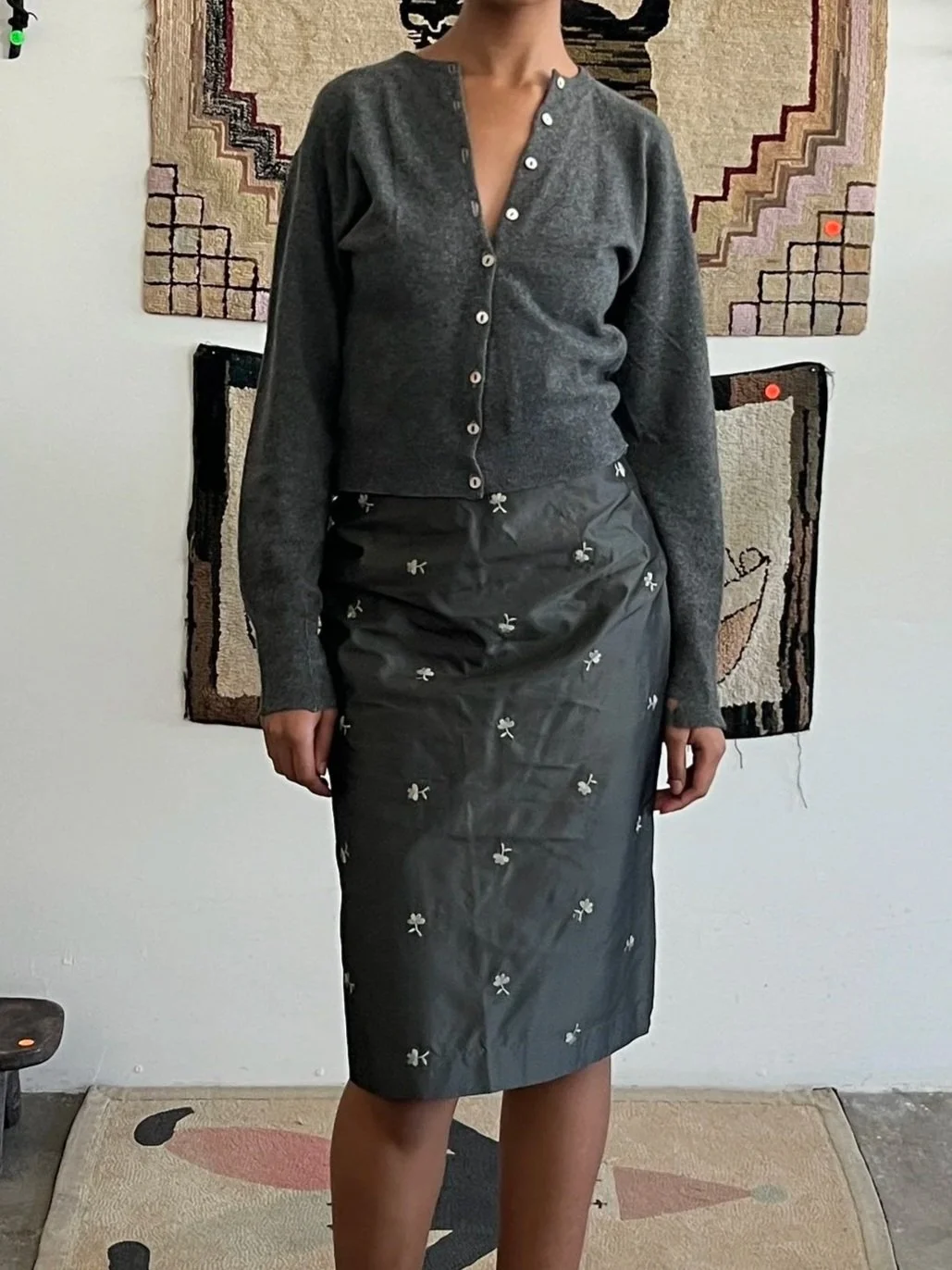 Vintage Silk Gunmetal Floral Embroidered Skirt