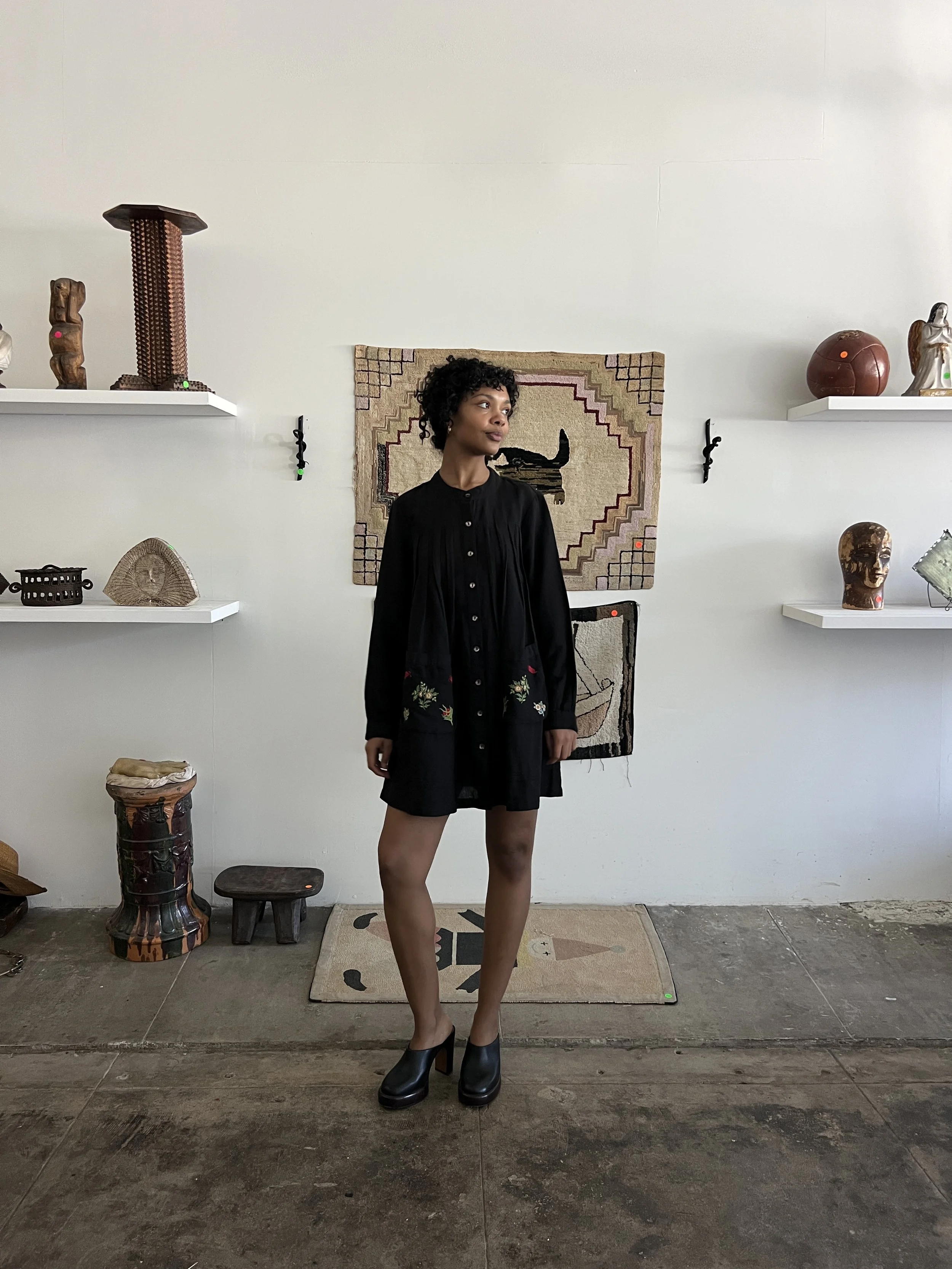 1990's Black Linen/Cotton Embroidered Swing Dress
