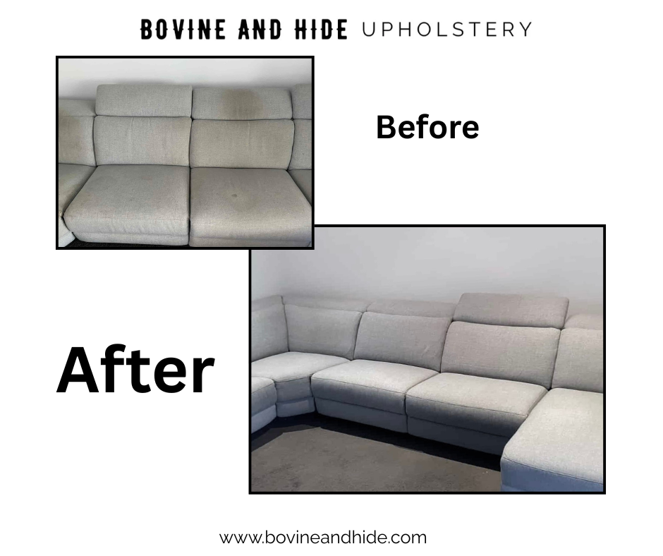 Stained light fabric sectional sofa professionally cleaned before and after by Bovine and Hide Melbourne