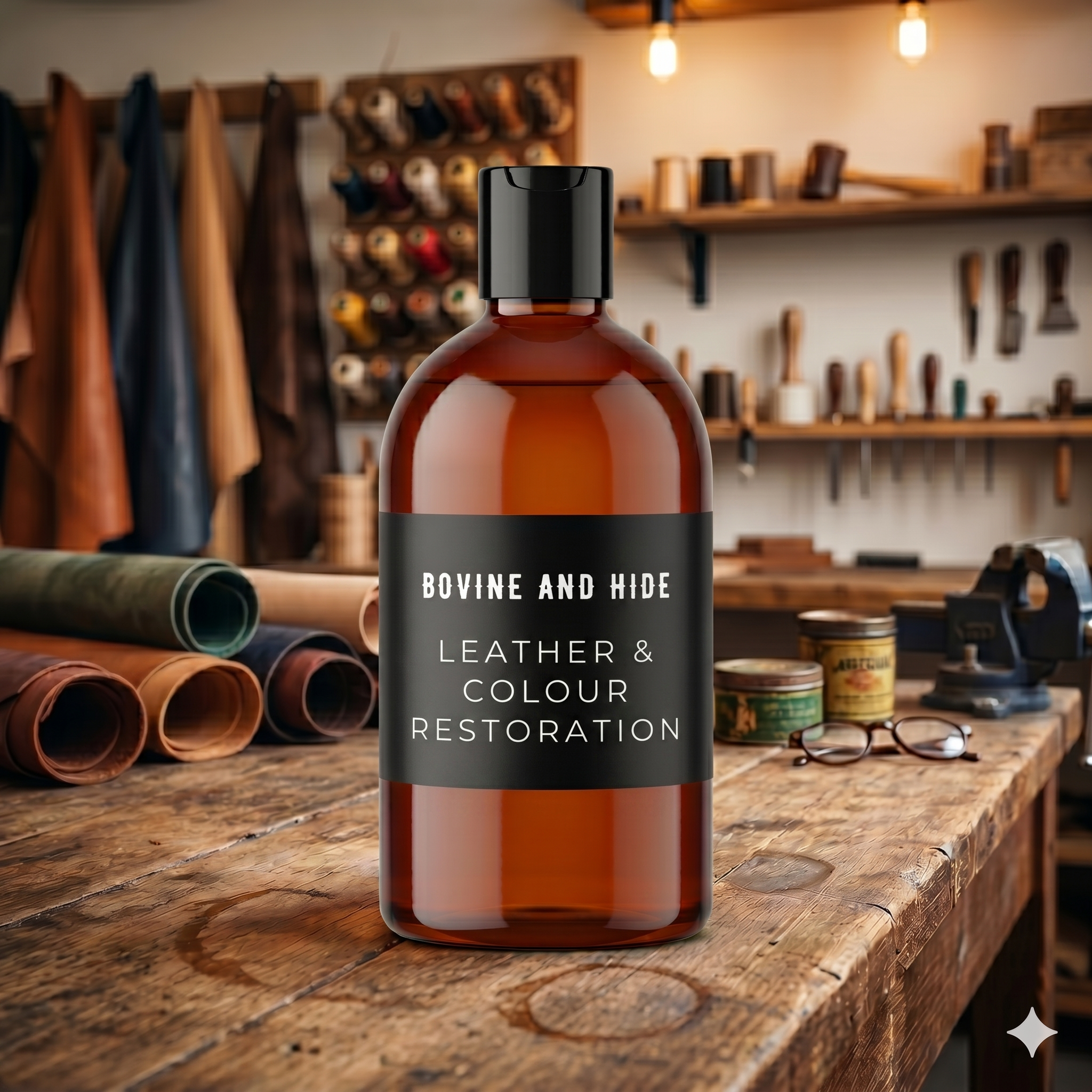 Bovine and Hide leather and colour restoration product in a Melbourne upholstery workshop