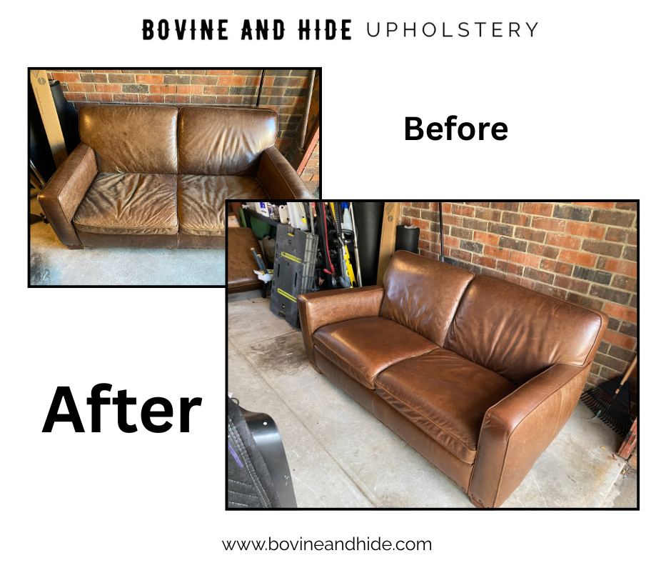 Heavily worn and peeling leather two seater sofa restored before and after by Bovine and Hide Melbourne