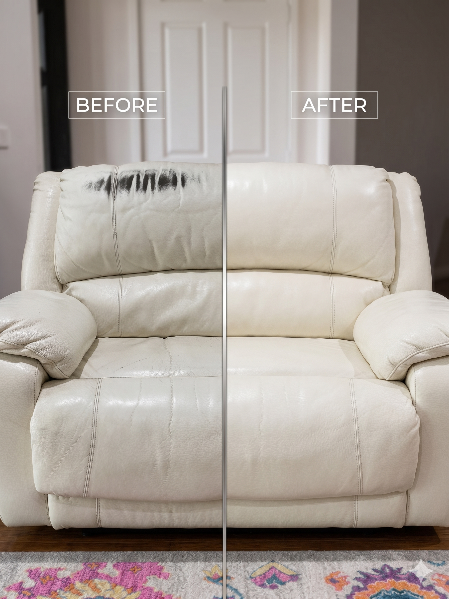 A white leather sofa with a damaged area on the left side of the backrest, showing black marks and wear. The sofa is in front of a background with a closed white door and a gray wall, and a colorful patterned rug is visible on the floor.
