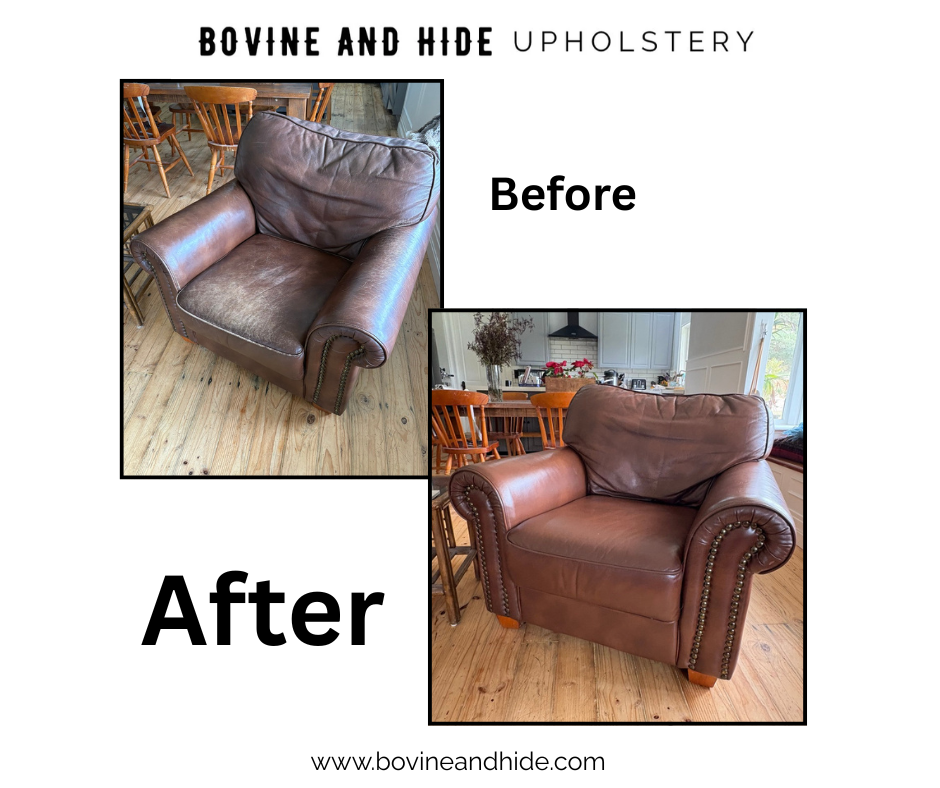 Dry and faded leather armchair restored and conditioned before and after by Bovine and Hide Melbourne