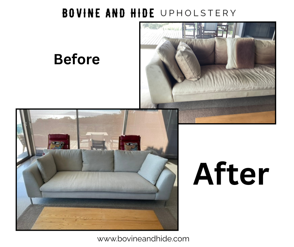 Worn leather three seater sofa reupholstered before and after by Bovine and Hide Melbourne