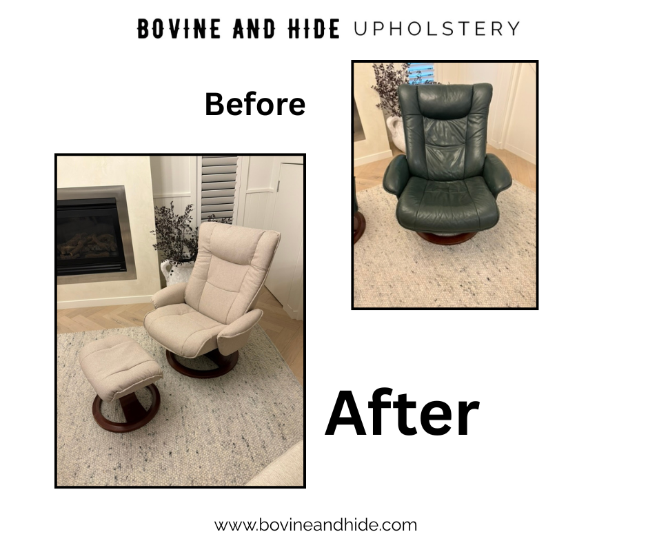 Leather recliner chair reupholstered in fabric before and after by Bovine and Hide Melbourne