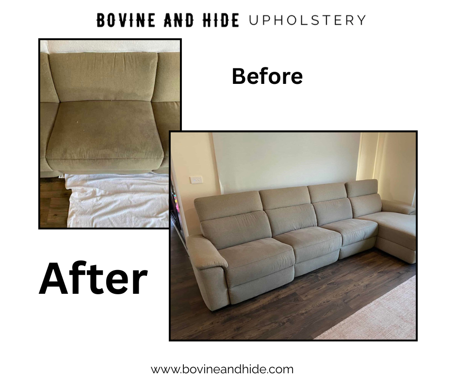 Large fabric sectional recliner sofa deep cleaned before and after by Bovine and Hide Melbourne