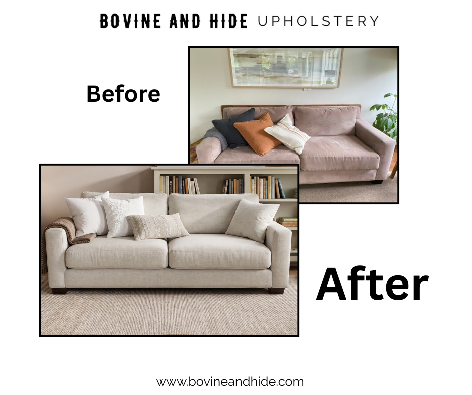 Before and after photos of a living room sofa, showing a makeover by Bovine and Hide Upholstery with the sofa reupholstered to a light cream color from a dusty pink.