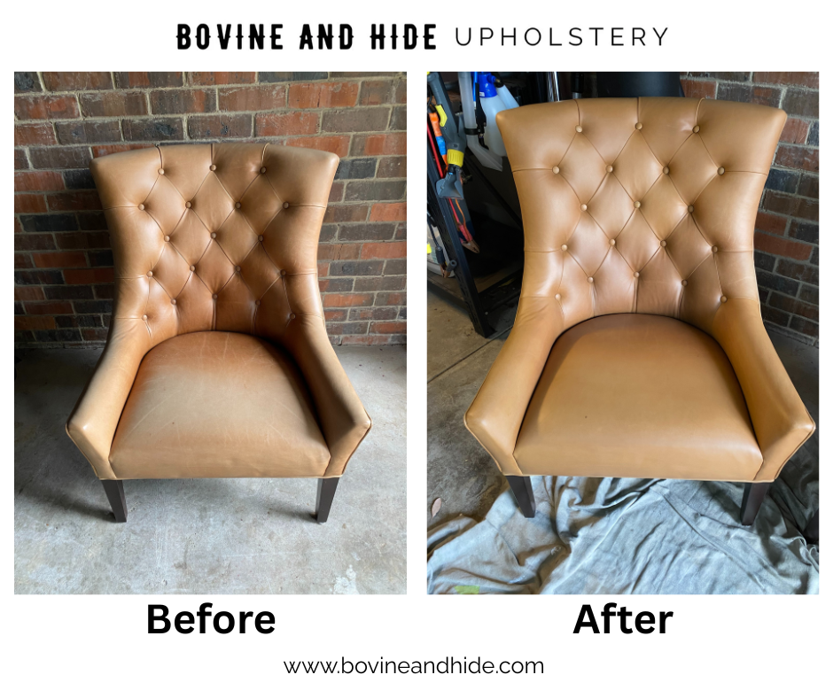 Faded tufted leather chair colour restoration before and after by Bovine and Hide Melbourne