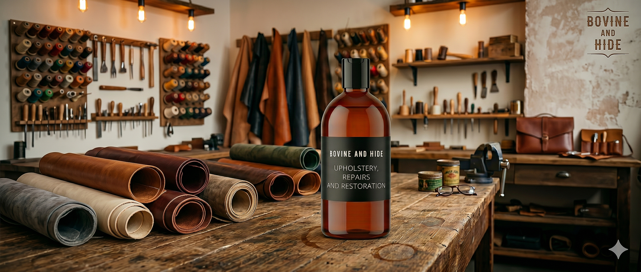 Bovine and Hide upholstery repairs and restoration products in a leather workshop Melbourne