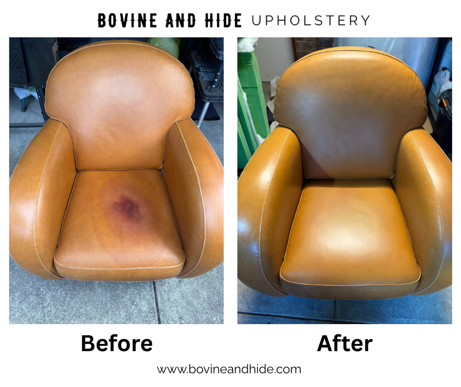 Leather chair stain removal before and after by Bovine and Hide upholstery Melbourne