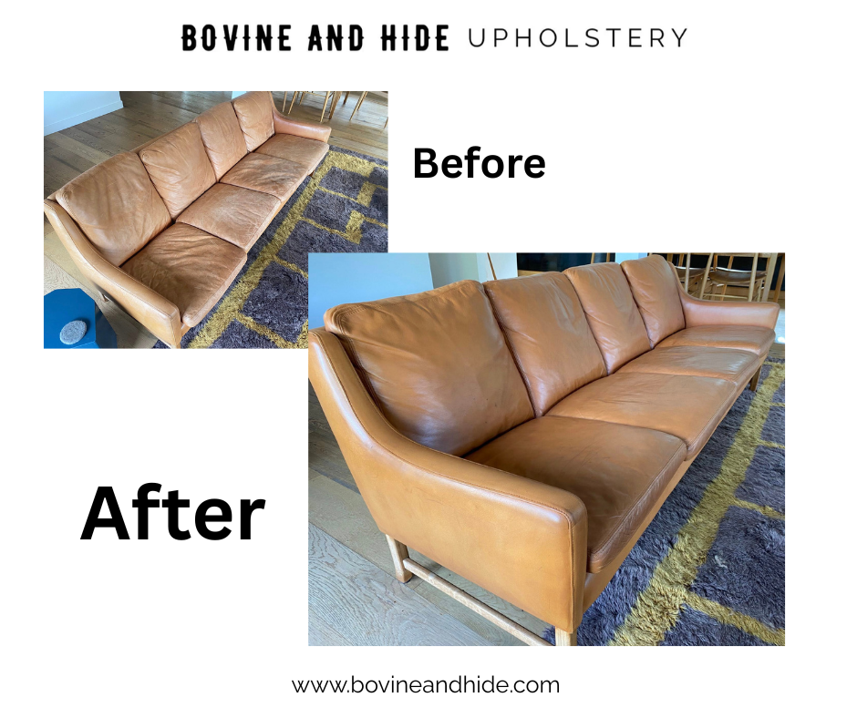 Worn tan leather sofa cleaned and conditioned before and after by Bovine and Hide Melbourne