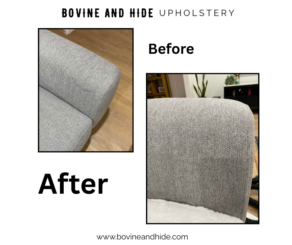 Grey fabric sofa arm deep cleaned before and after by Bovine and Hide Melbourne