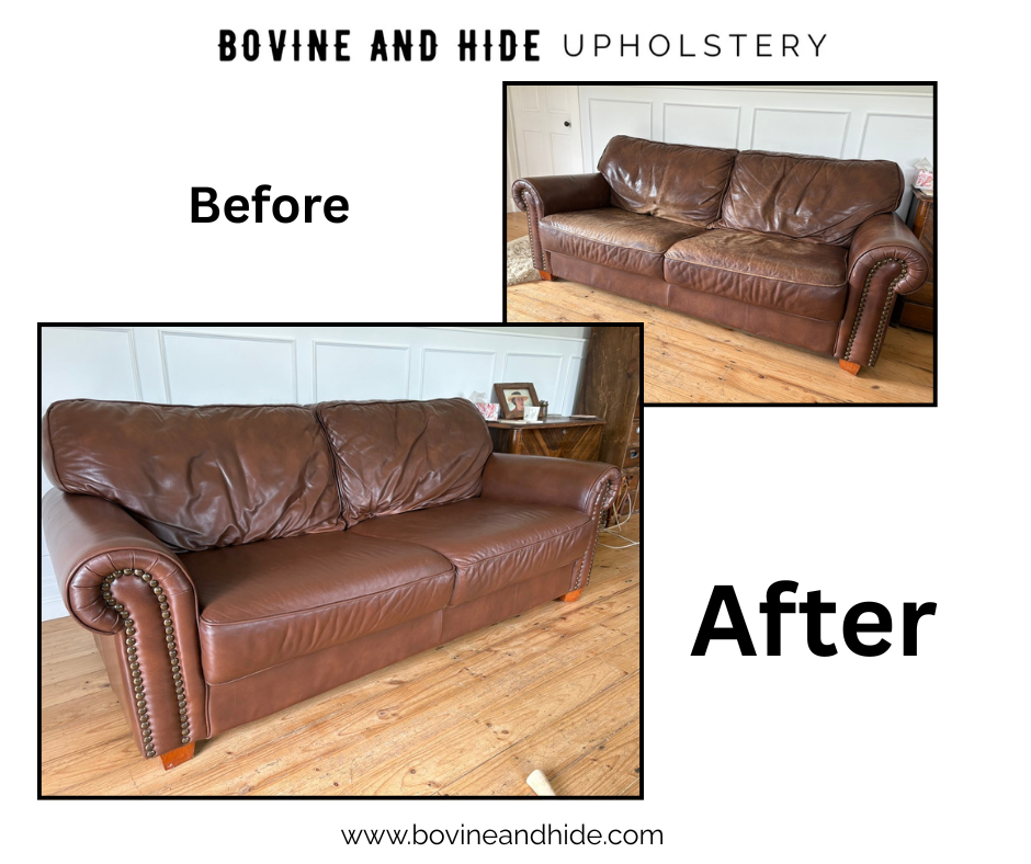 Worn brown leather Chesterfield sofa cleaned and restored before and after by Bovine and Hide Melbourne