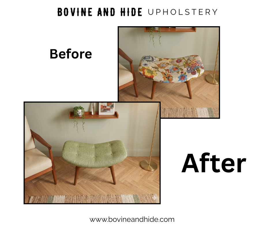 Floral fabric ottoman reupholstered in sage green before and after by Bovine and Hide Melbourne