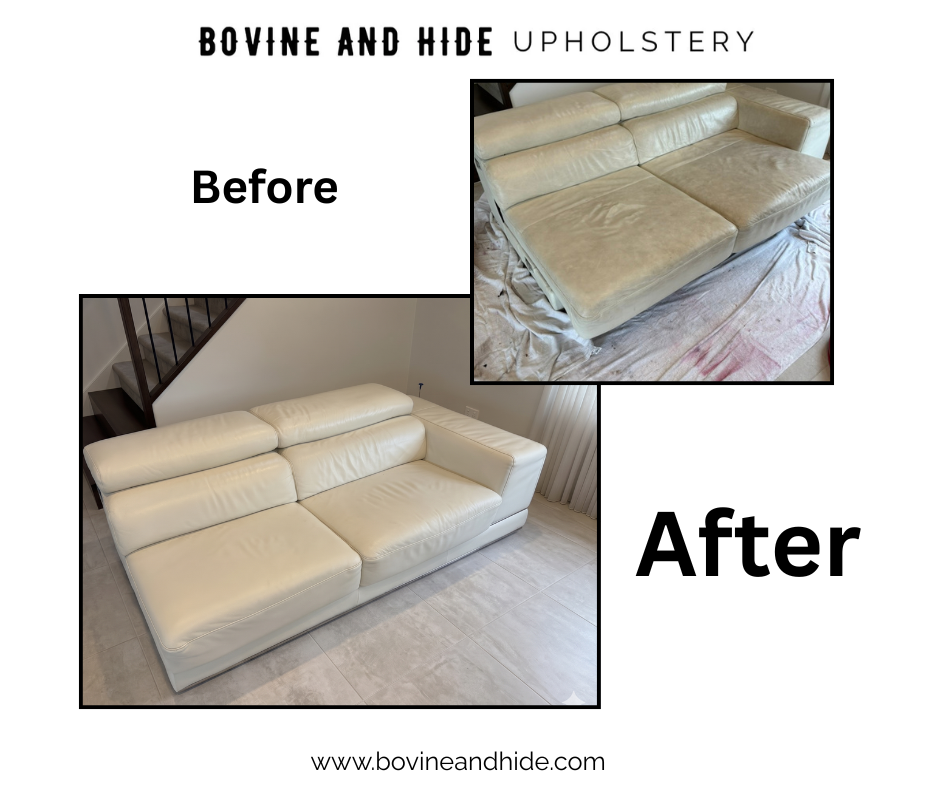 Before and after photos of a cream-colored sofa, showing upholstery cleaning and restoration.