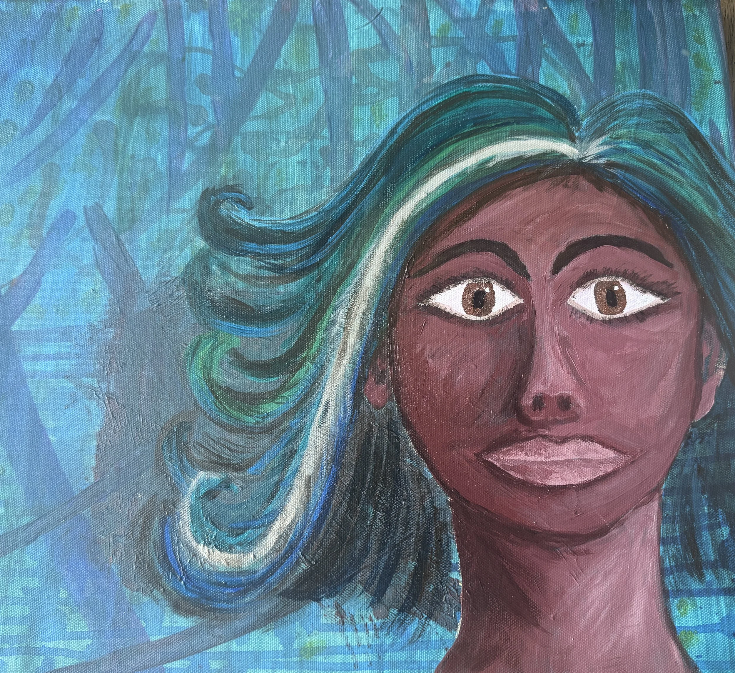 Close-up of a colorful painting showing a caricature of a person with large brown eyes, purple skin, and long hair painted in shades of blue and green, against a blue background with textured brush strokes.