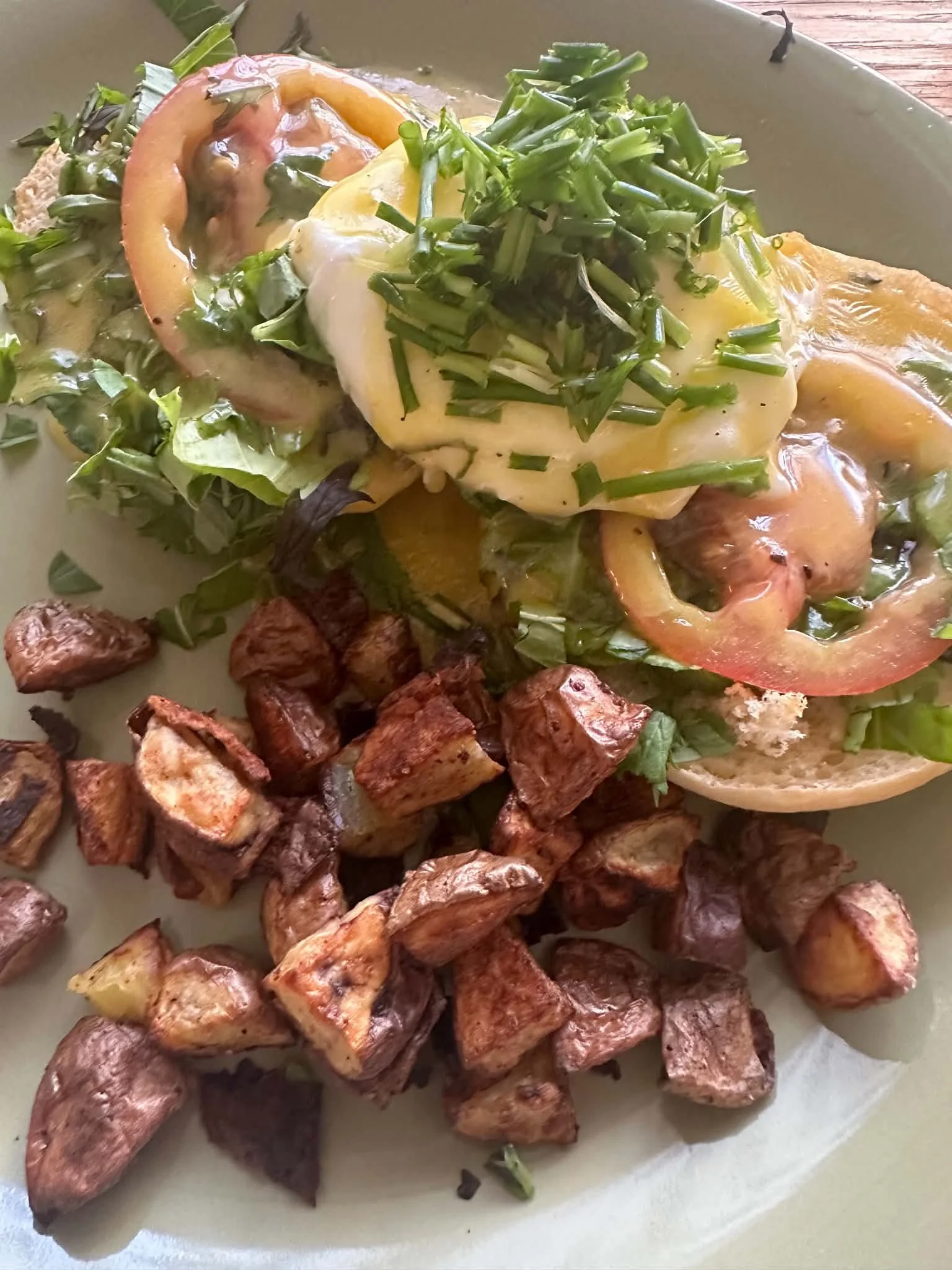 green goddess eggs benny with roasted potatoes
