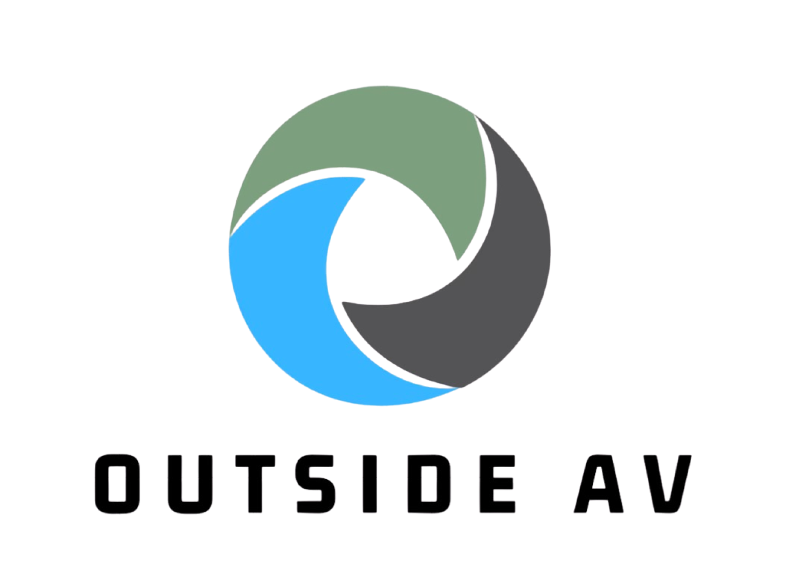 Logo with a 3D circular design divided into four segments in blue, green, dark gray, and black, with the text 'OUTSIDE AV' underneath.