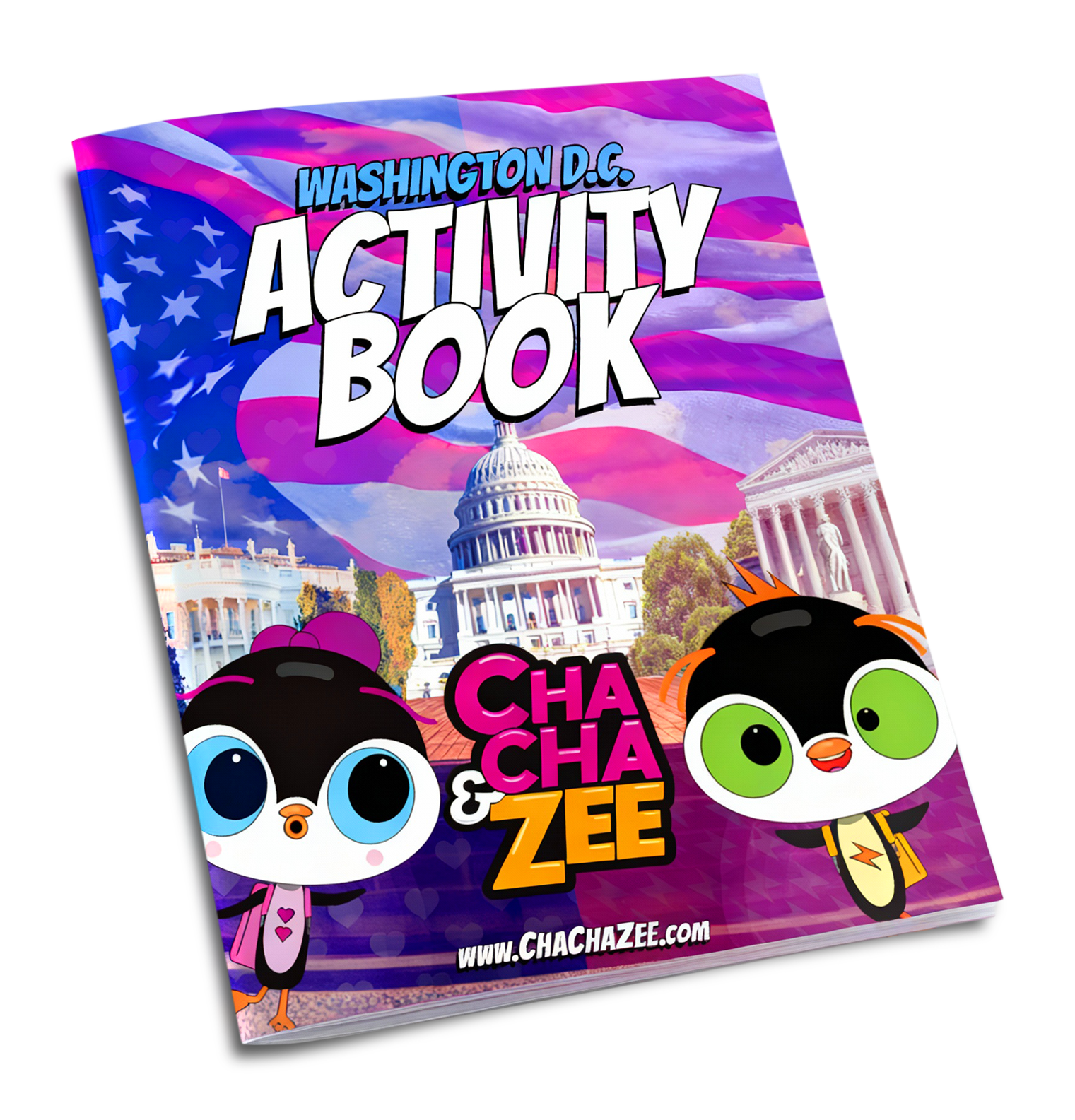 Colorful activity book cover featuring cartoon characters ChaCha and Zee in front of the U.S. Capitol building with American flag in the background.