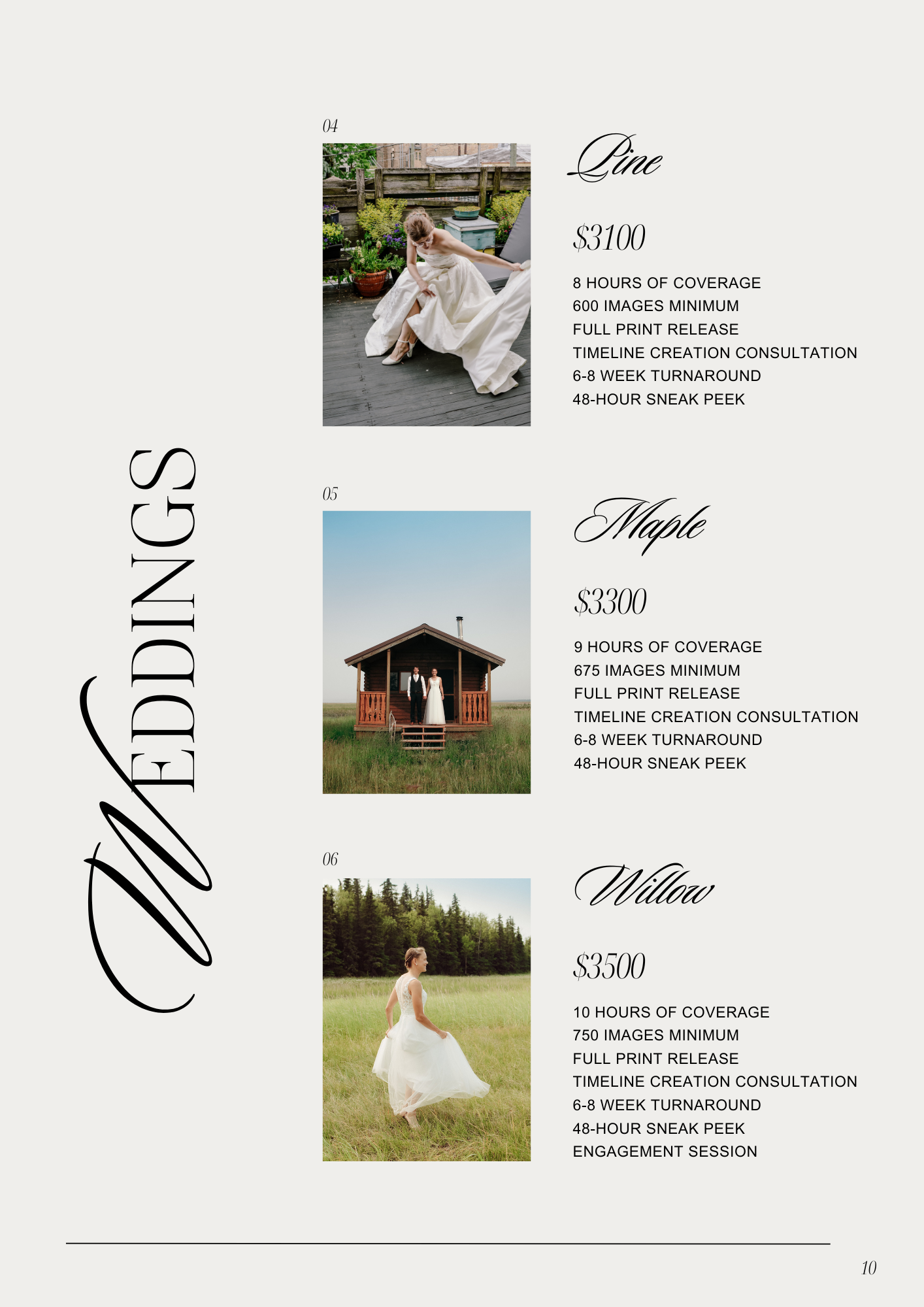 A wedding photography pricing guide with three packages: Pine, Maple, and Willow, each showing images of brides in different outdoor settings, along with pricing and details like coverage hours, minimum images, printing, and turnaround times.