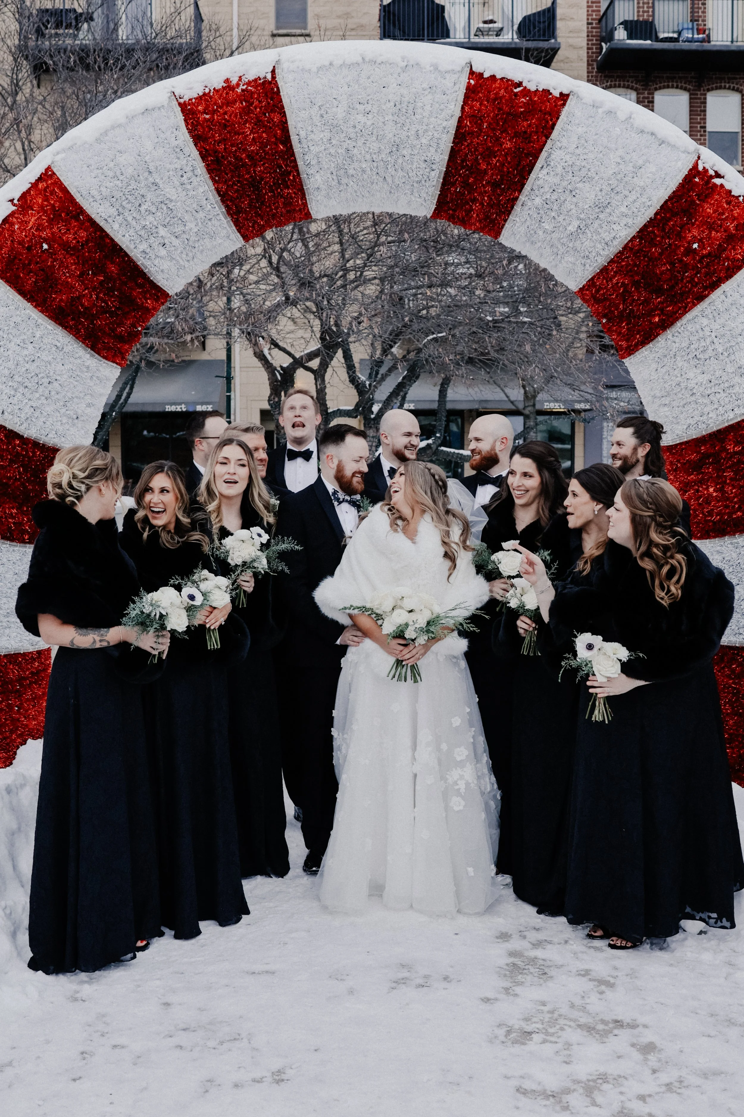 A wedding party from Chicago surrounds a bride and groom in Lemont, IL.