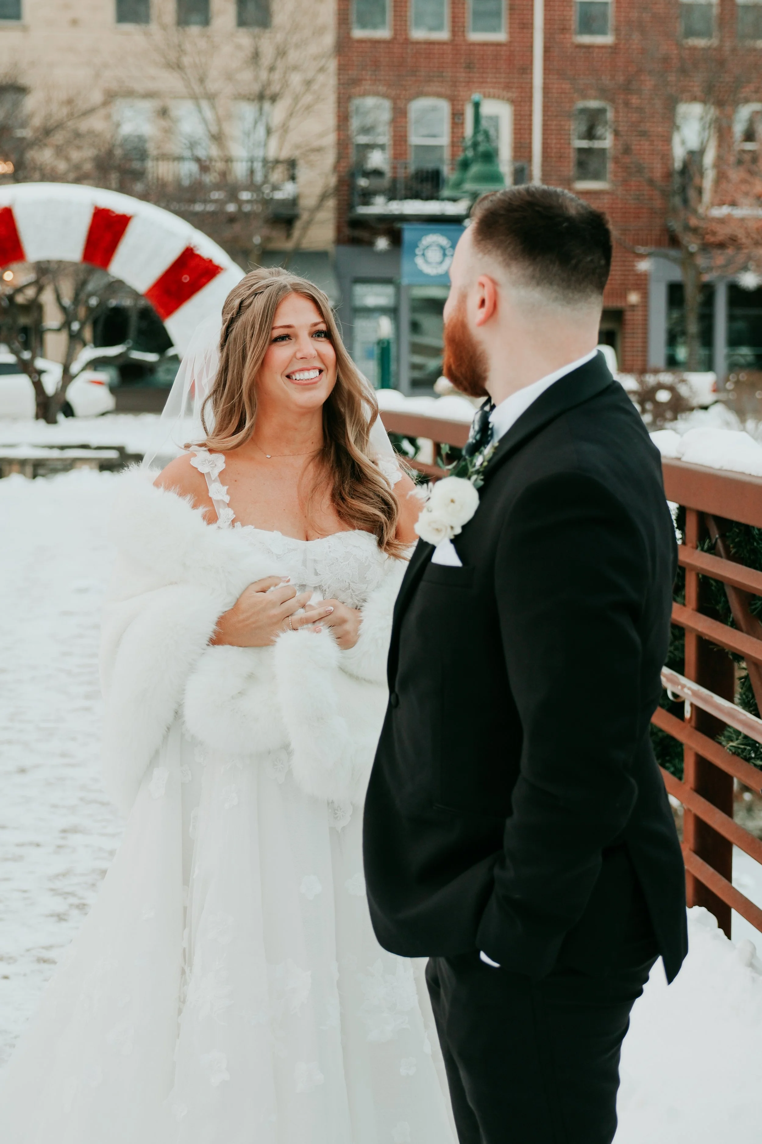 A groom sees his bride for the first time in a first look in Lemont, IL outside Chicago.