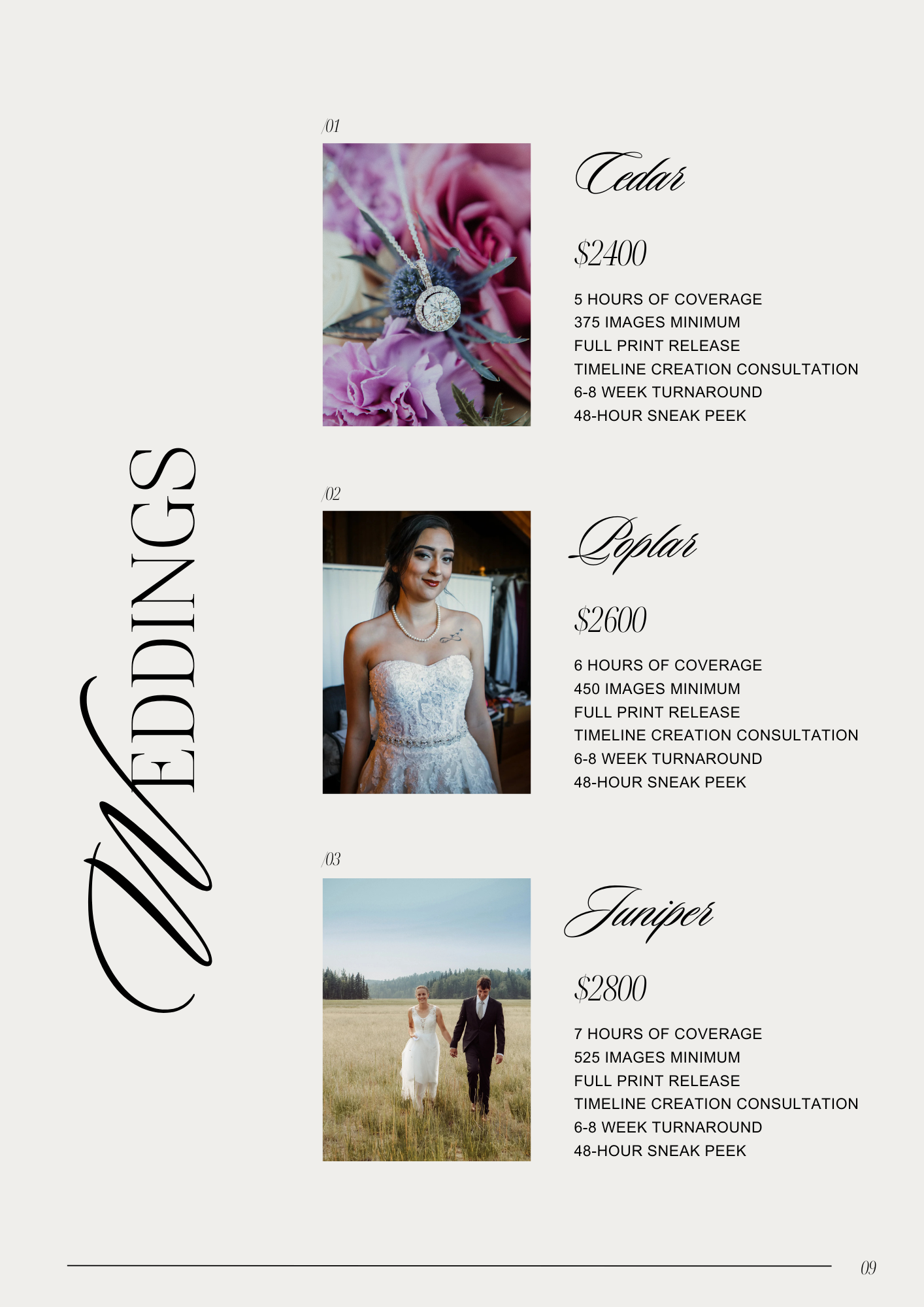 Wedding photography and videography packages menu with three options: Cedar, Coplar, and Juniper. Each package lists coverage hours, number of images, print release, timeline creation, turnaround time, and sneak peek details, accompanied by respective photos of jewelry, a bride, and a couple walking in a field.