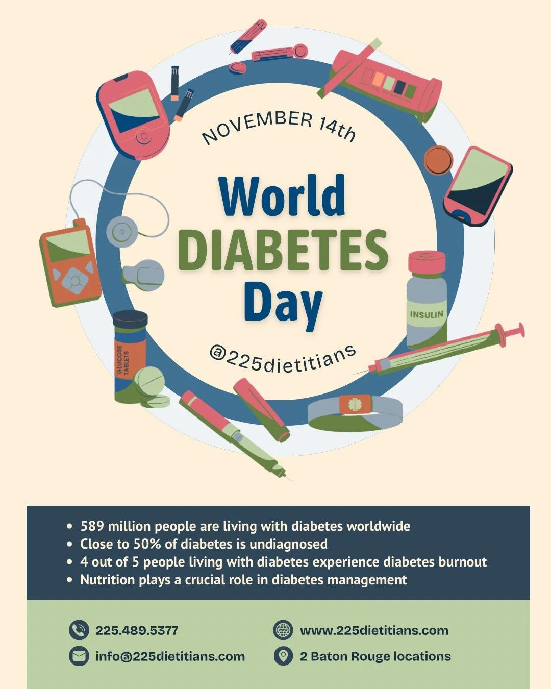 🌍 World Diabetes Day - November 14th 💙

Today we unite to raise awareness for the millions living with diabetes worldwide.

🍎 Nutrition matters!
Healthy eating and nutrition counseling are key to preventing and managing diabetes. Small, consistent
