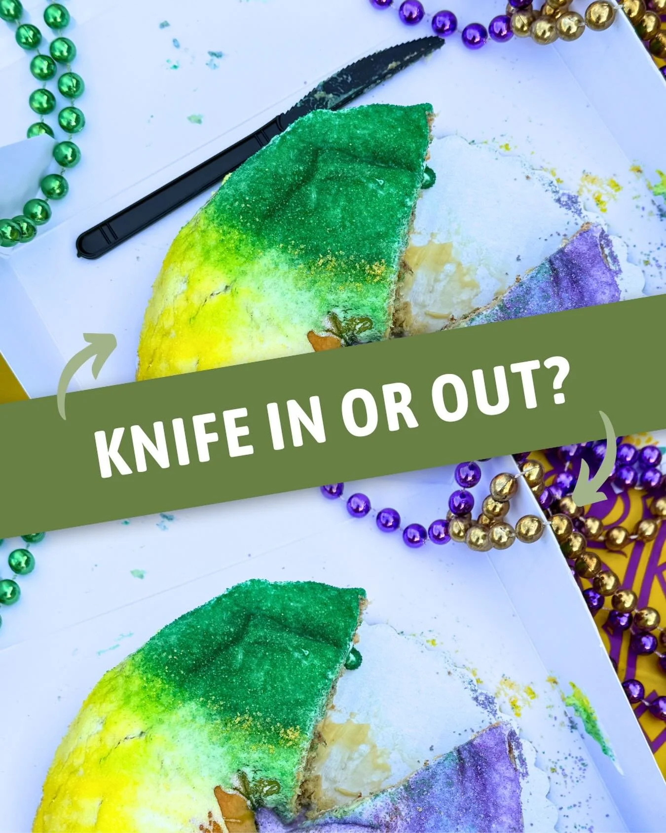 There are two kinds of people during Mardi Gras season&hellip;👀

Those who take the knife out of the box,
And those who leave it in for easy grab and go slices.

We&rsquo;re proudly knife-in-the-box people.💜💚💛

Tell us! Which one are you?👇
-
#22