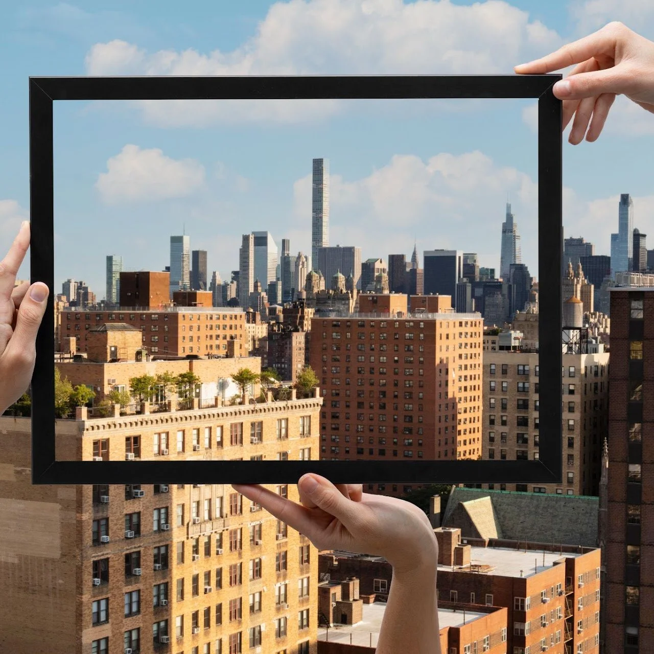 People holding a picture frame in front of a city skyline, creating the illusion of a framed view of the cityscape.