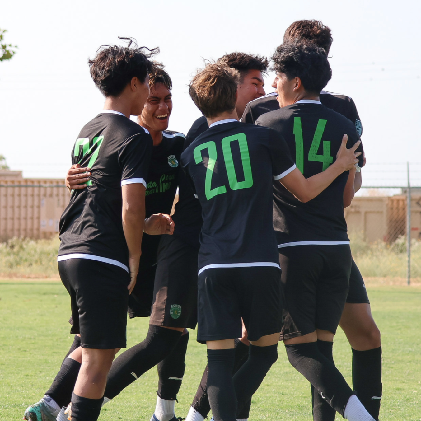 Group of young soccer players in black jerseys celebrating on the field.