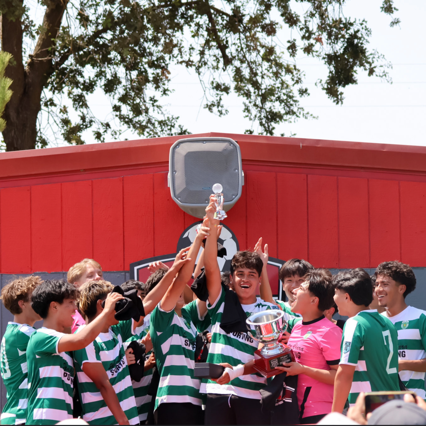 A group of young boys in green and white soccer jerseys celebrating on a stage, holding up a trophy, with one boy in a pink goalkeeper jersey also holding a trophy, smiling and cheering.