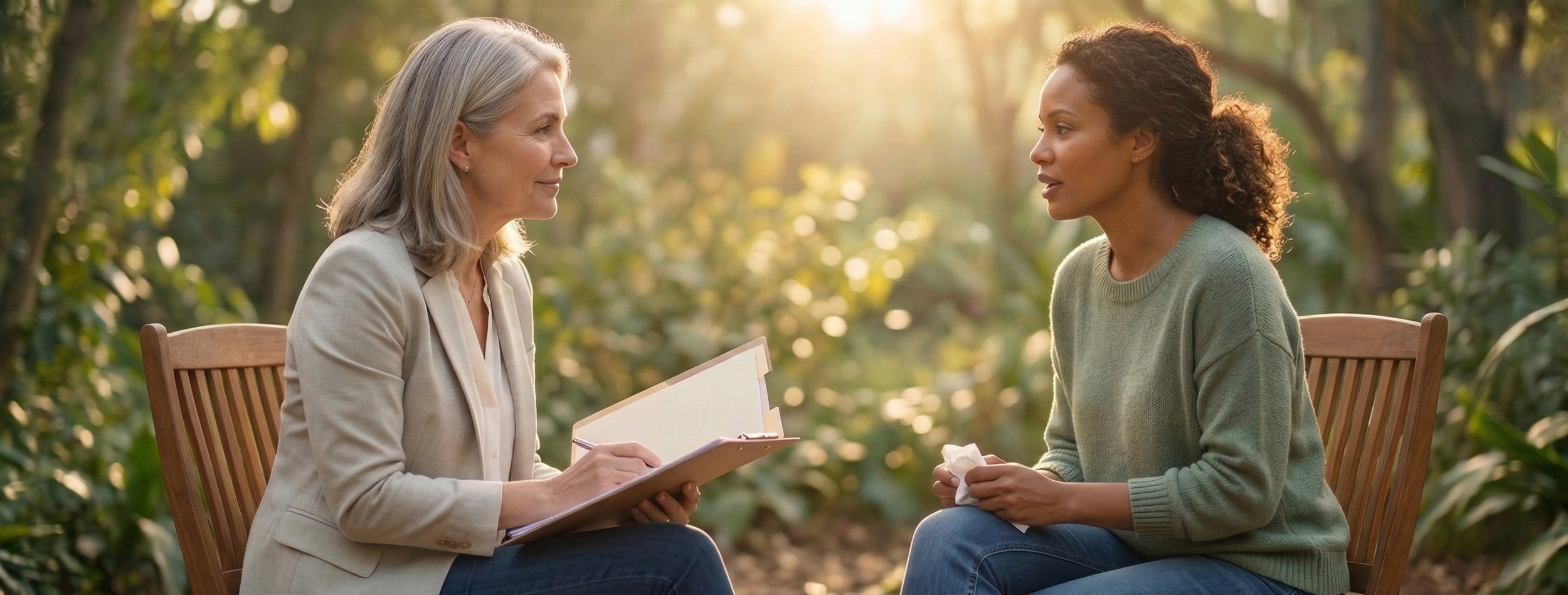 Two women talking outdoors in a park, sitting on wooden chairs, with sunlight filtering through trees in the background.