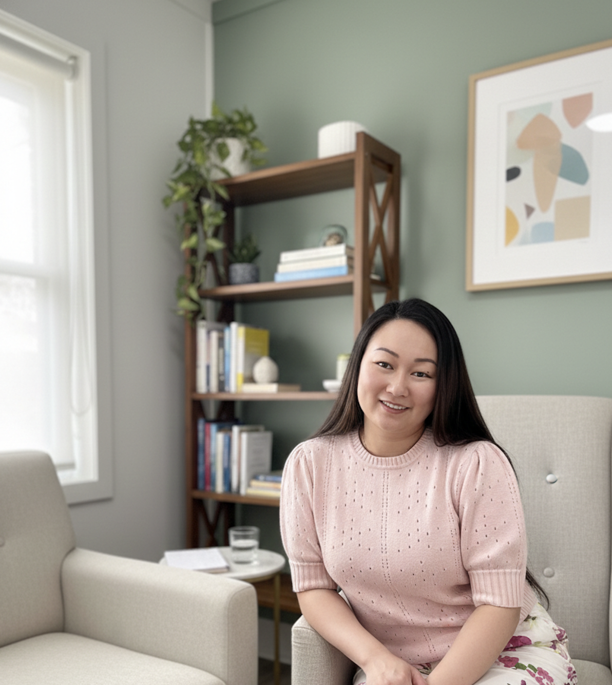 A woman with long dark hair, wearing a pink sweater, sitting on a beige armchair in a cozy living room with green walls, a bookshelf, and a framed abstract art piece.