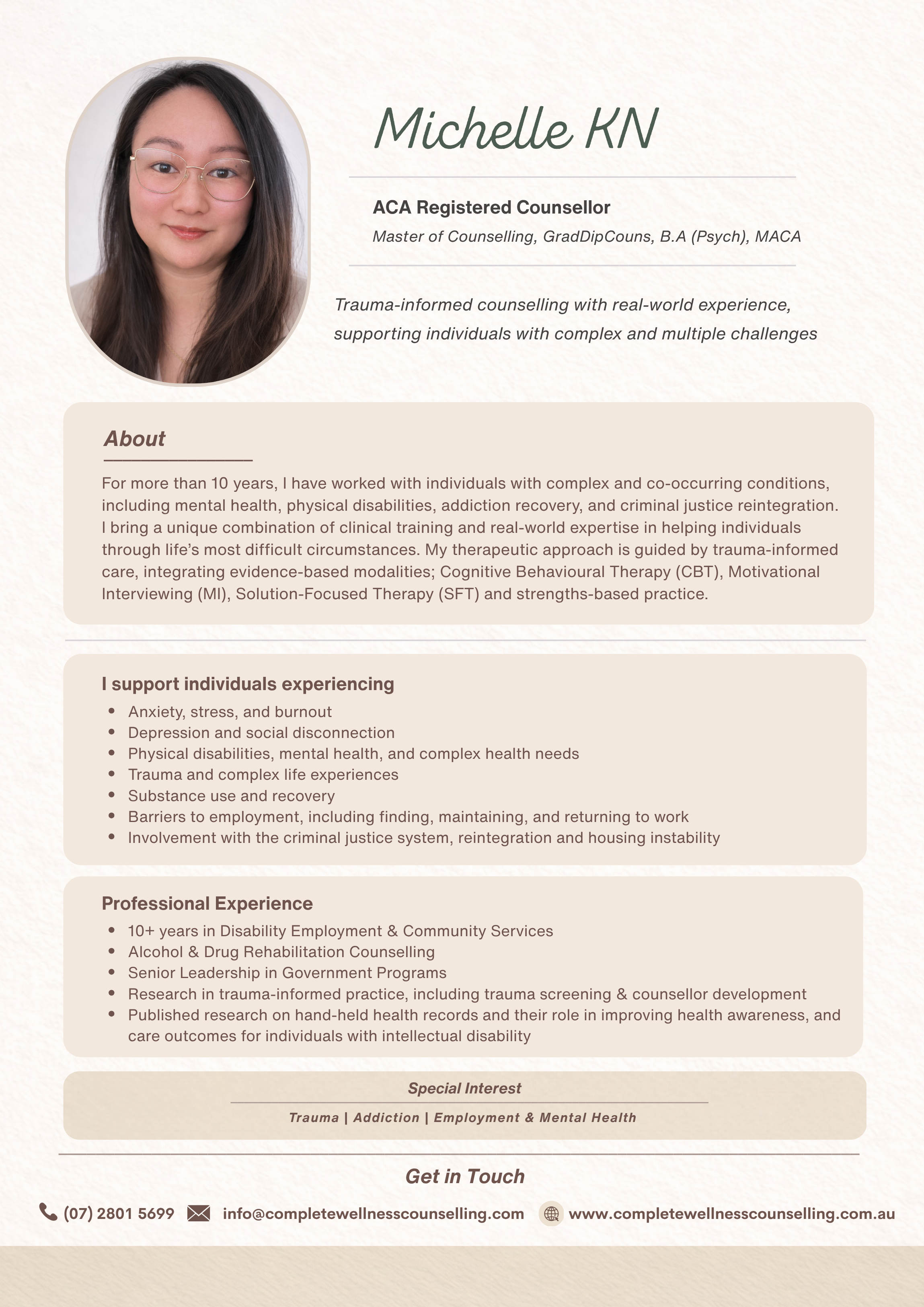 ACA Counsellor, Addiction, Employment and Mental Health Specialist