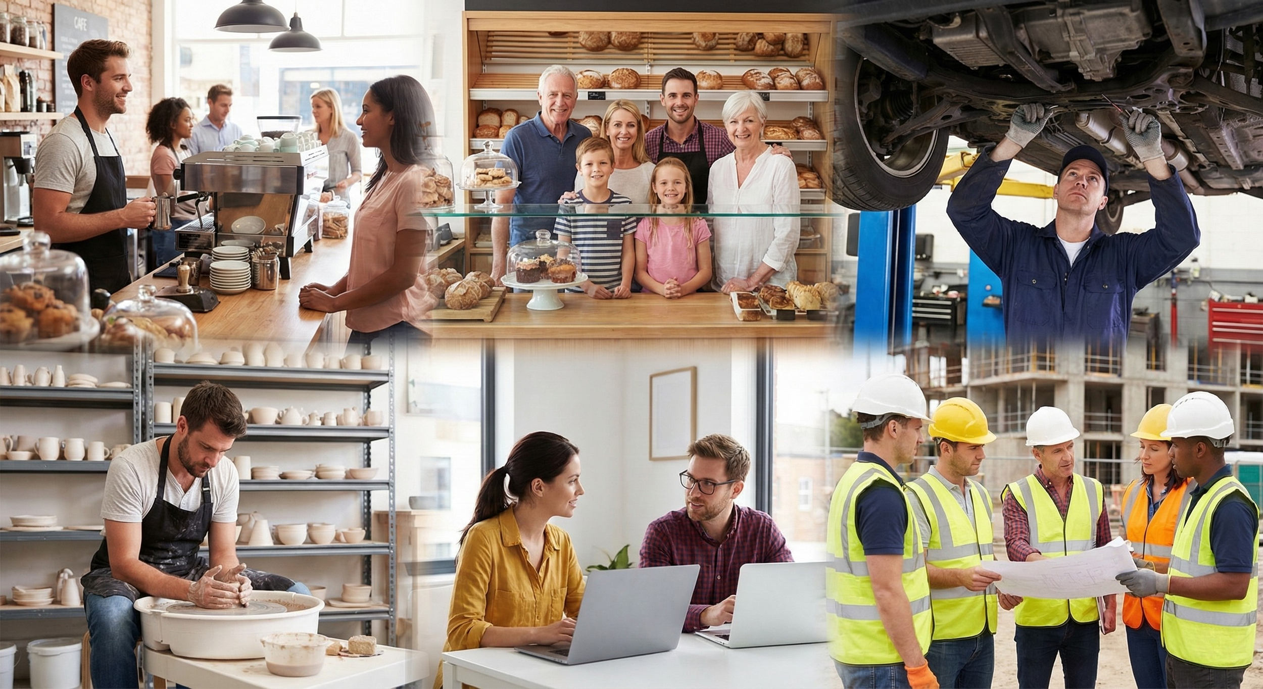 Collage of four scenes: a barista and customer in a bakery or coffee shop, a family of seven posing in a bakery with baked goods, a mechanic working underneath a car at a garage, and a group of construction workers discussing plans at a construction site.