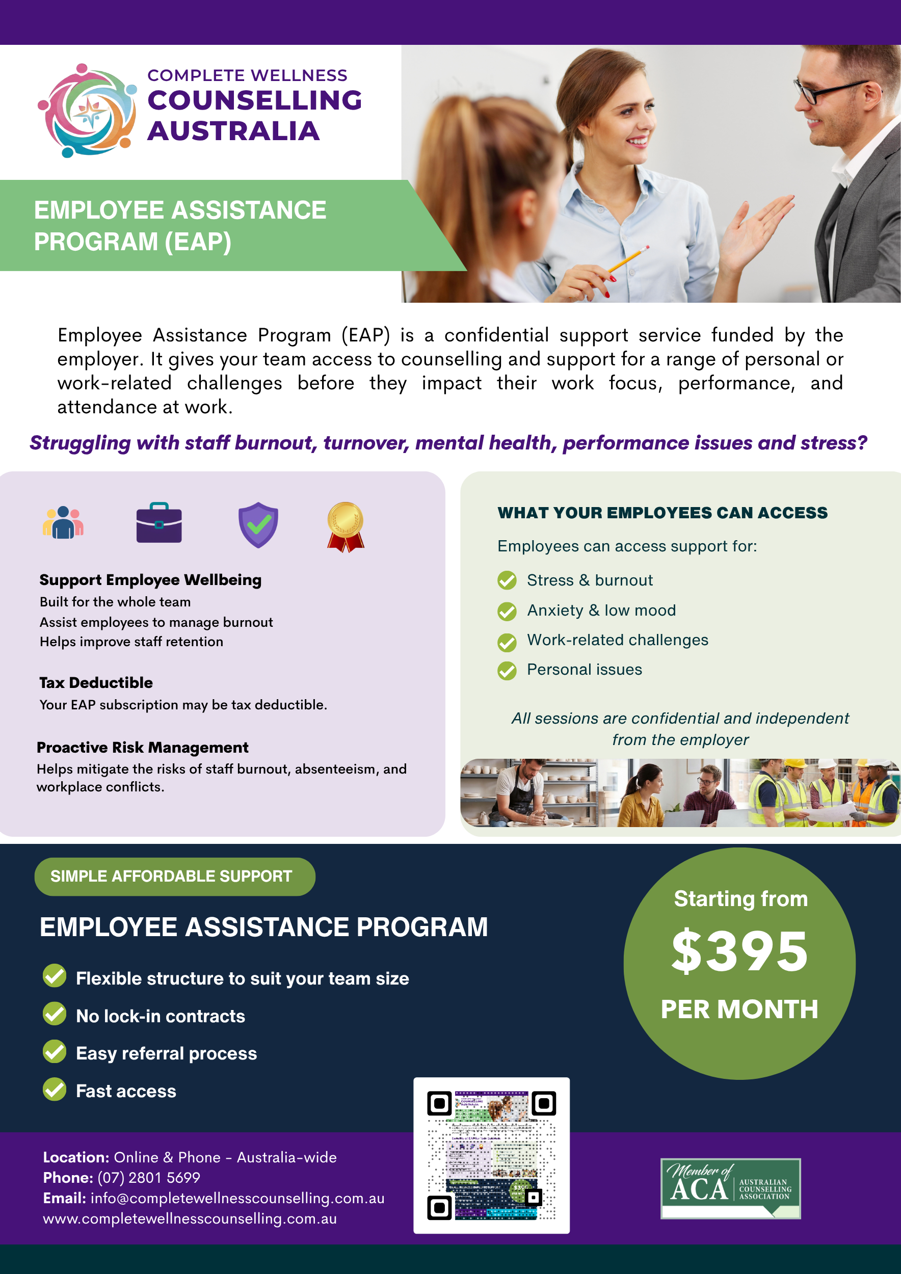 Flyer for complete wellness counselling's employee assistance program in Australia. The flyer features images of people in a workplace setting and lists support services such as managing burnout, mental health, and work-related challenges. Details include contact information, pricing starting at $395 per month, and QR code for more info.