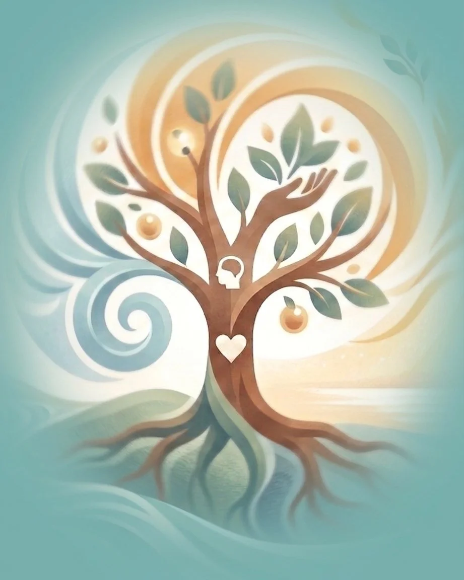 Stylized tree with green leaves and hanging fruits, with a human head silhouette and a heart shape embedded in the trunk, surrounded by swirling colors and patterns that represents growth.
