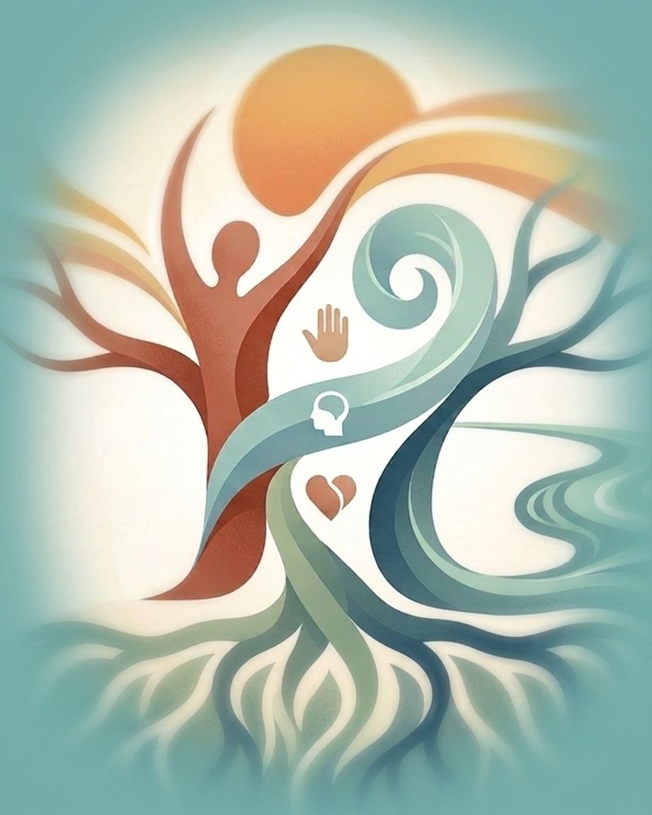 Stylized artistic tree with interconnected branches, symbols of a heart, a human figure, a spiral, a hand, and a head, with a setting sun in the background that represents a holistic approach.