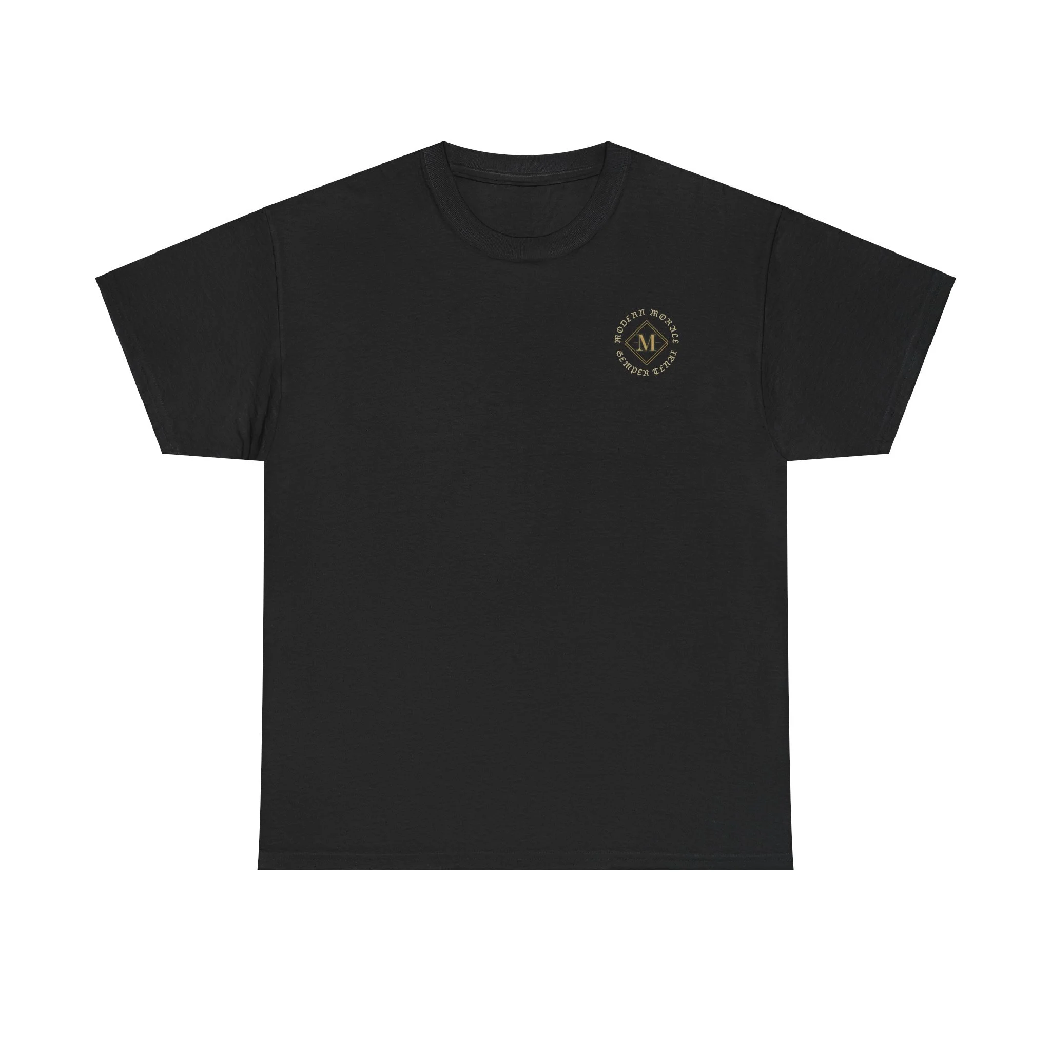 Black T-shirt with a small circular gold logo on the chest featuring text and a stylized 'M' design.