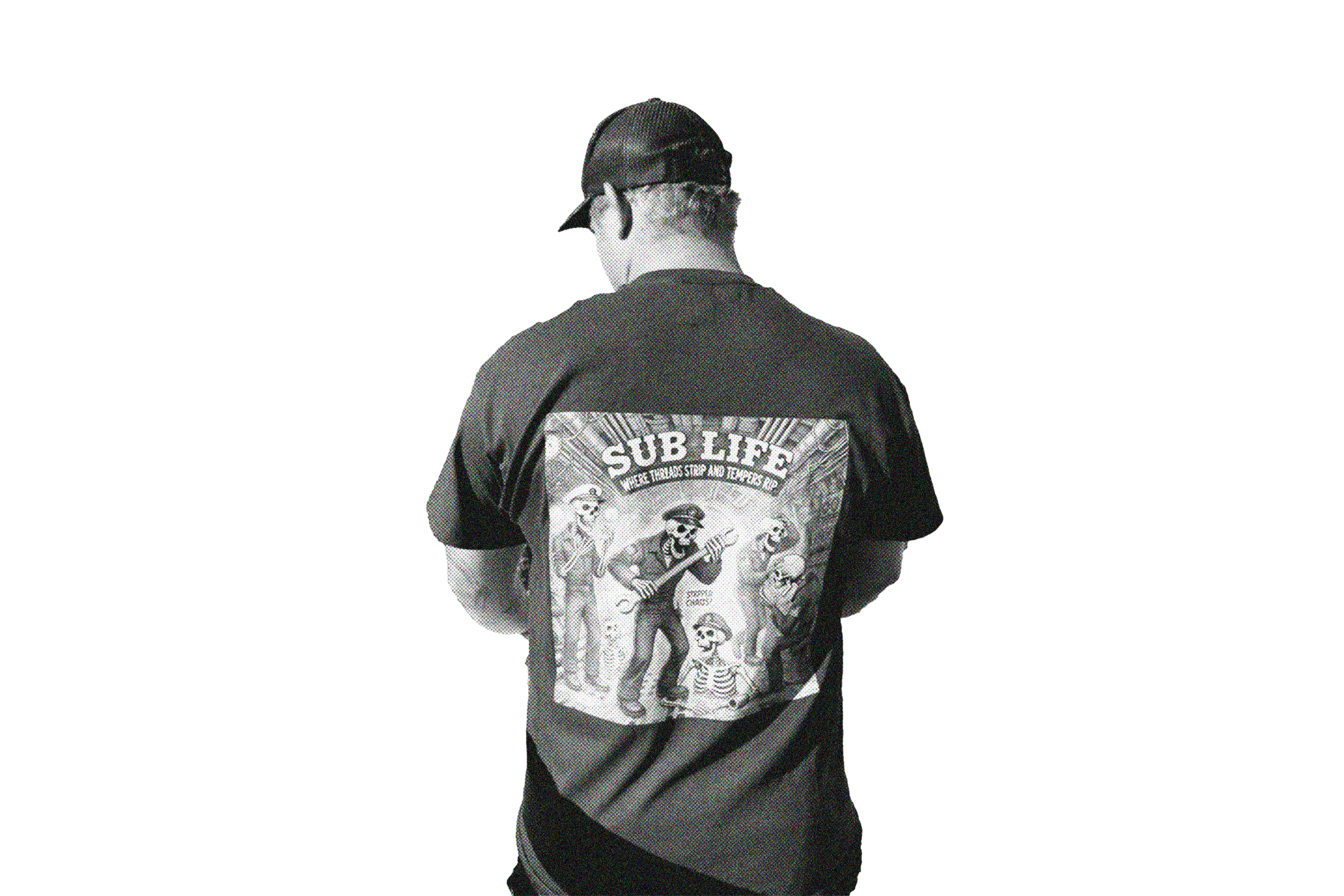 Person wearing a graphic t-shirt with "Sub Life" text and skull illustration