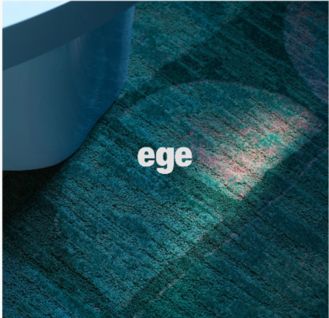 Close-up of a blue carpet with the word "ege" printed on it.