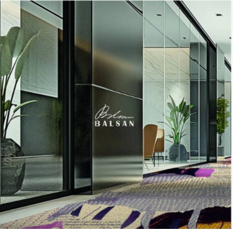 Modern office building with glass walls and entrance door, featuring the name BALSAN and potted plants outside.