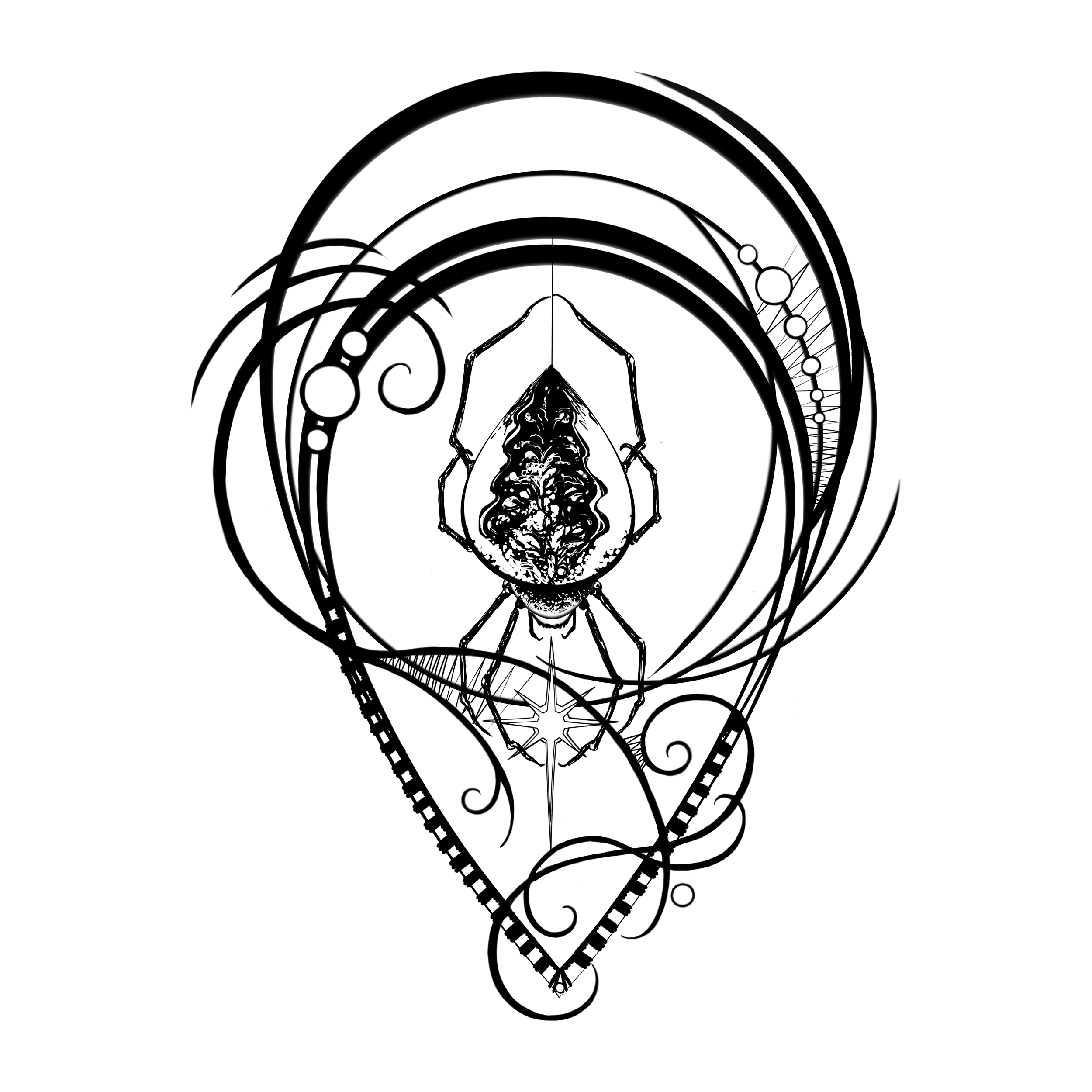 Abstract black and white illustration of a geometric spider with intricate patterns, surrounded by swirling lines and shapes.