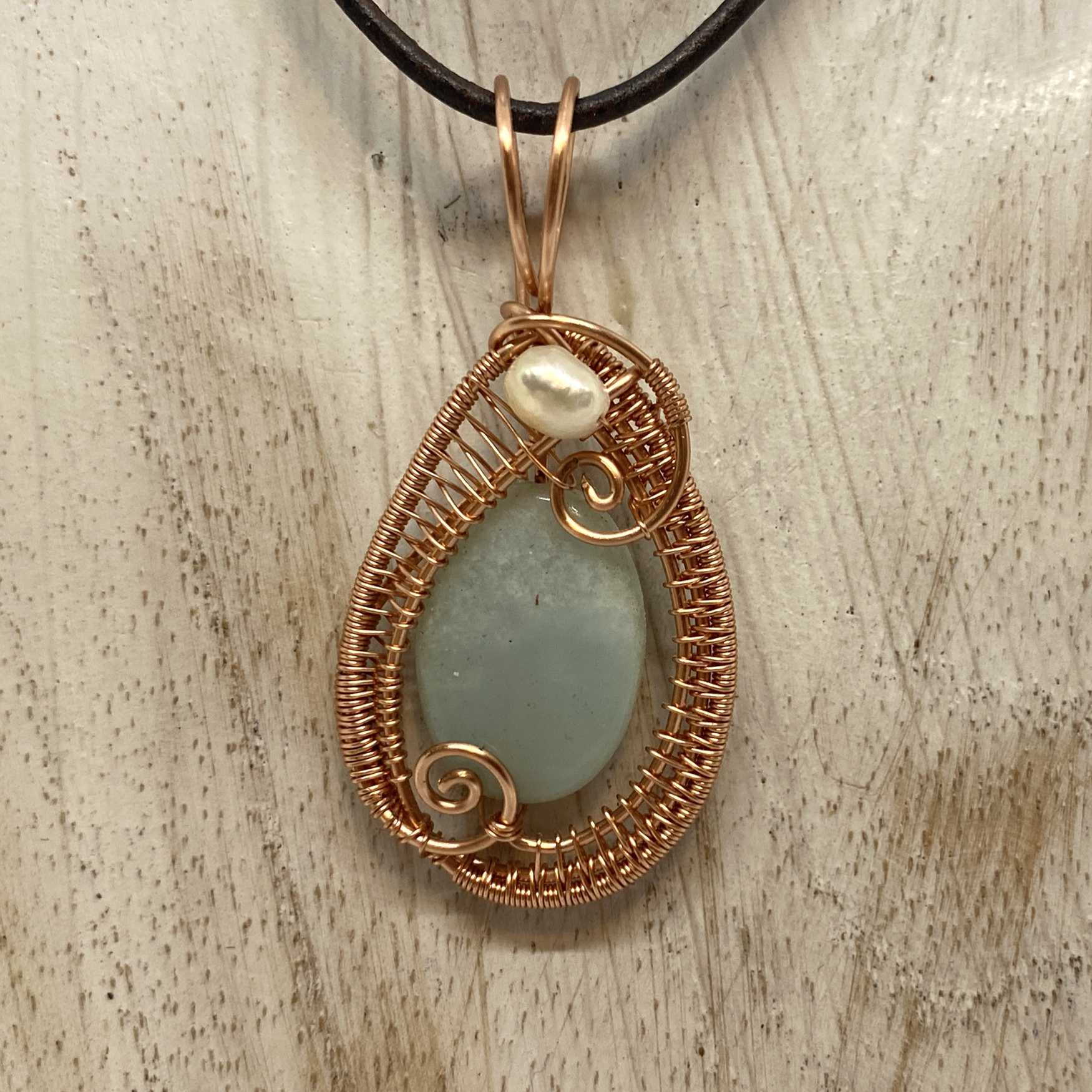 Amazonite with Pearl in Copper
